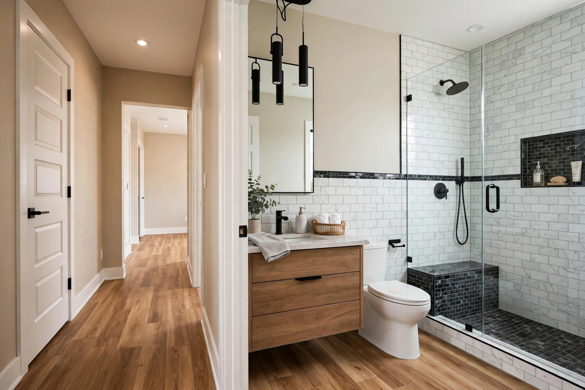 Curbless walk-in shower with tile niche