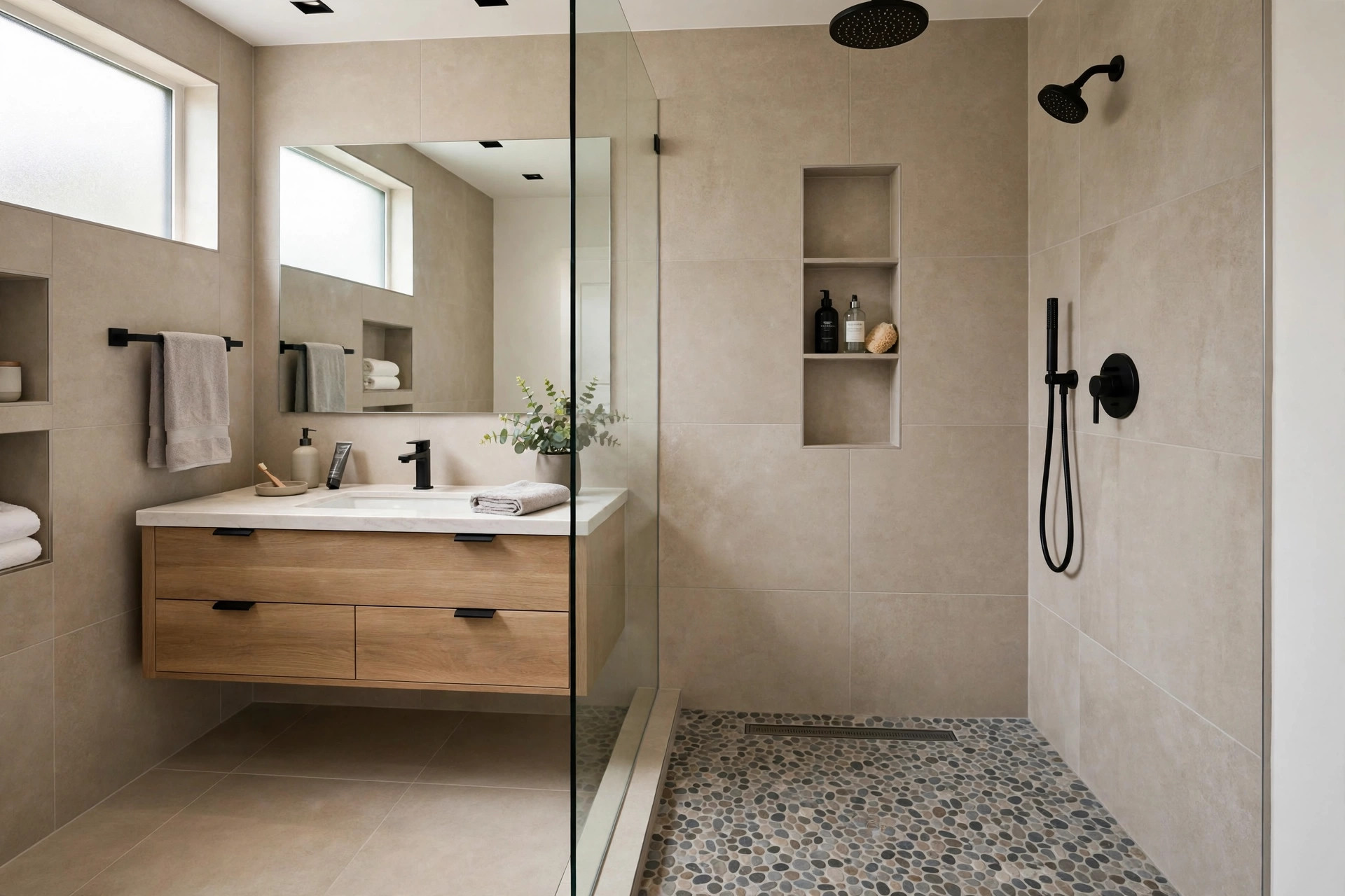 Finished bathroom with double vanity